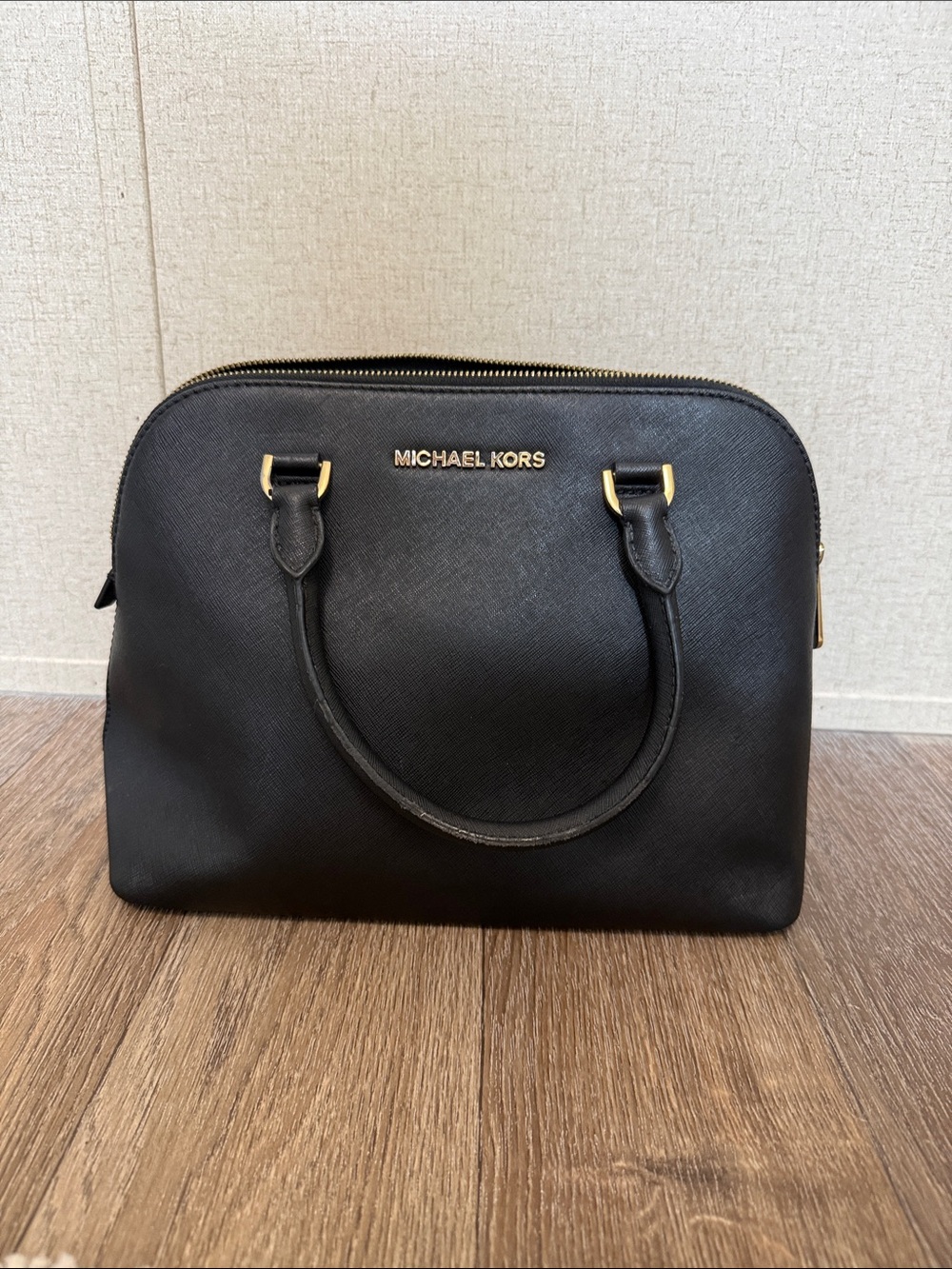 Michael Kors Black Saffiano Leather Dome Satchel with Gold Hardware